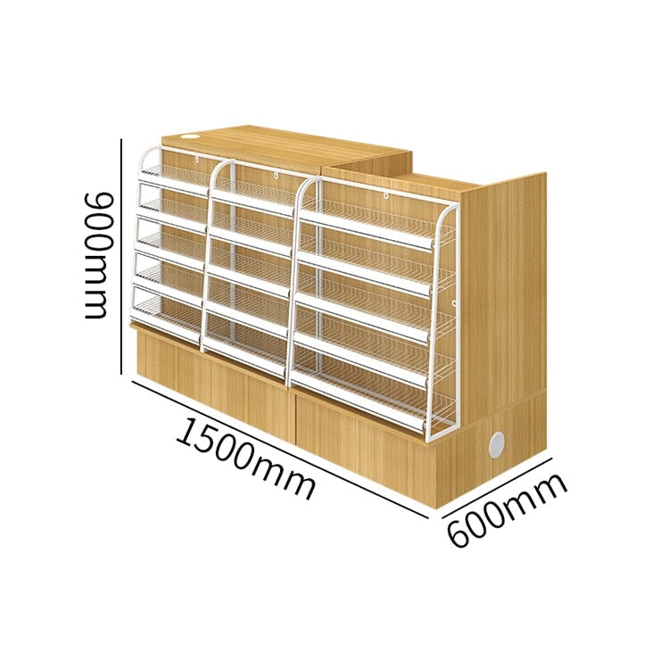 Counter with display shelf, reception desk, cash register, product display, for stores, HDF, long-lasting, improves space utilization, L-shaped top, drawer, with lock, cylinder lock, natural, customizable, RD-A9