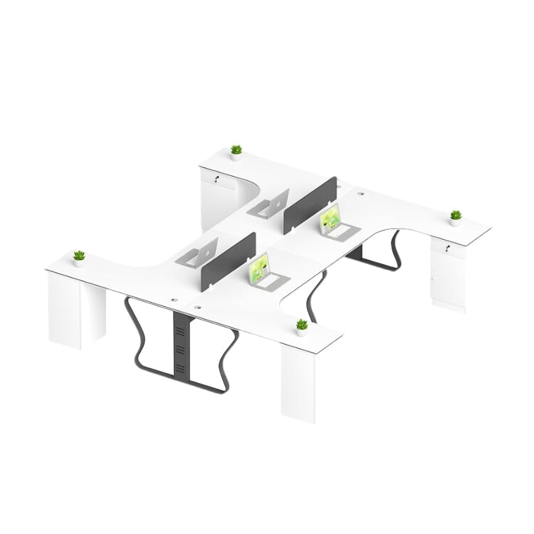 L-shaped desk for office, simple and modern, suitable for multiple people, steel legs, L-shaped legs, side cabinet, lock, cylinder lock, wiring duct, baked finish, white, customizable, OD-A2