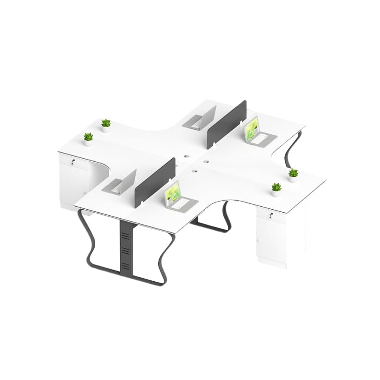L-shaped desk for office, simple and modern, suitable for multiple people, steel legs, L-shaped legs, side cabinet, lock, cylinder lock, wiring duct, baked finish, white, customizable, OD-A2