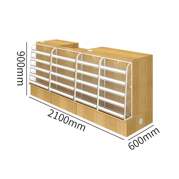 Counter with display shelf, reception desk, cash register, product display, for stores, HDF, long-lasting, improves space utilization, L-shaped top, drawer, with lock, cylinder lock, natural, customizable, RD-A9