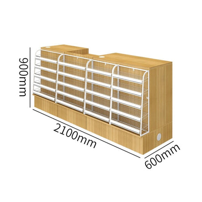 Counter with display shelf, reception desk, cash register, product display, for stores, HDF, long-lasting, improves space utilization, L-shaped top, drawer, with lock, cylinder lock, natural, customizable, RD-A9