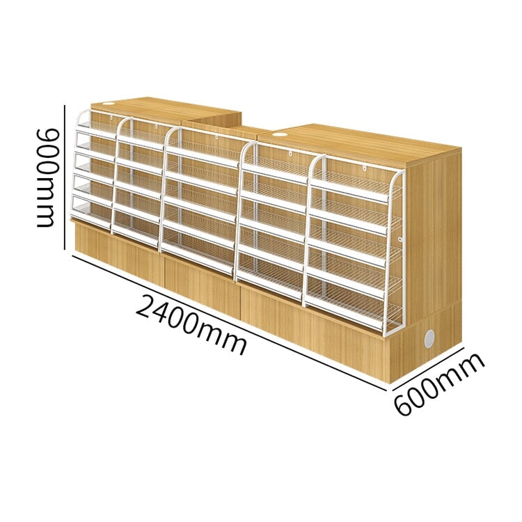 Counter with display shelf, reception desk, cash register, product display, for stores, HDF, long-lasting, improves space utilization, L-shaped top, drawer, with lock, cylinder lock, natural, customizable, RD-A9