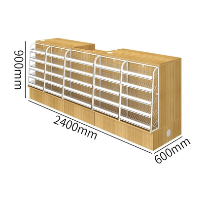 Counter with display shelf, reception desk, cash register, product display, for stores, HDF, long-lasting, improves space utilization, L-shaped top, drawer, with lock, cylinder lock, natural, customizable, RD-A9