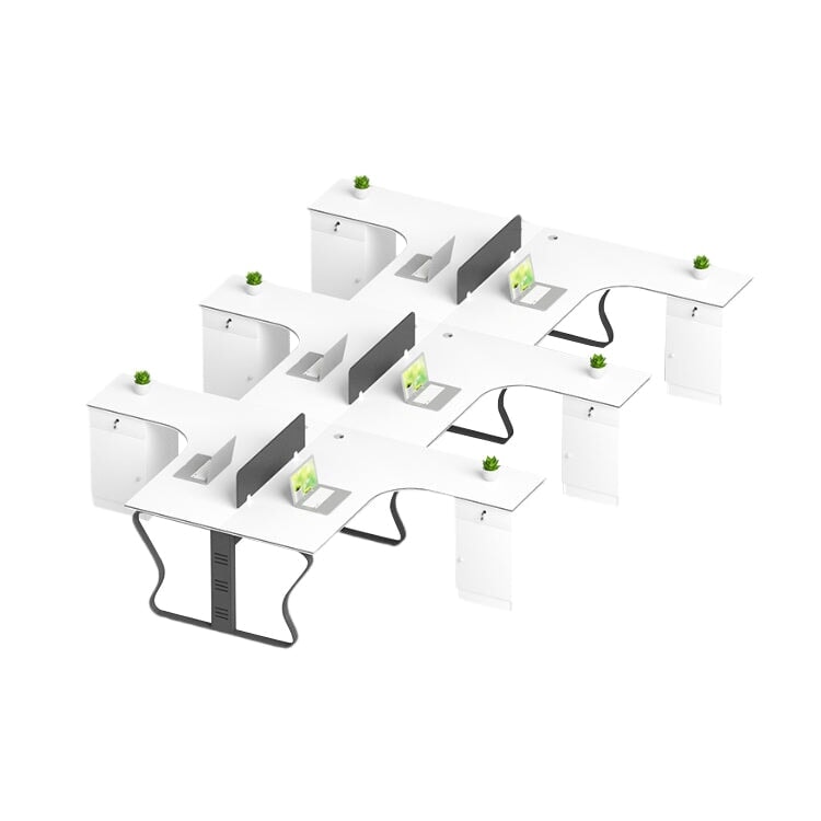 L-shaped desk for office, simple and modern, suitable for multiple people, steel legs, L-shaped legs, side cabinet, lock, cylinder lock, wiring duct, baked finish, white, customizable, OD-A2