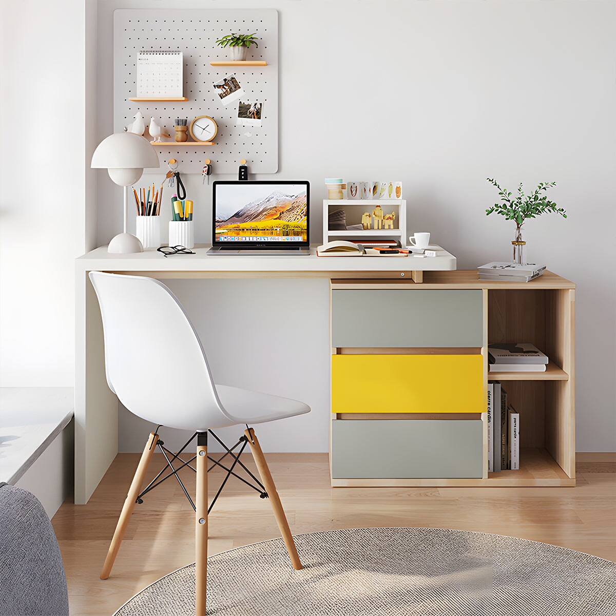 Office Desk, Stylish Goods, Work Desk, Melamine Laminated Board, Extendable Top, Side Cabinet, Classified Storage, Drawers, Open Storage, Yellow, OD-A4