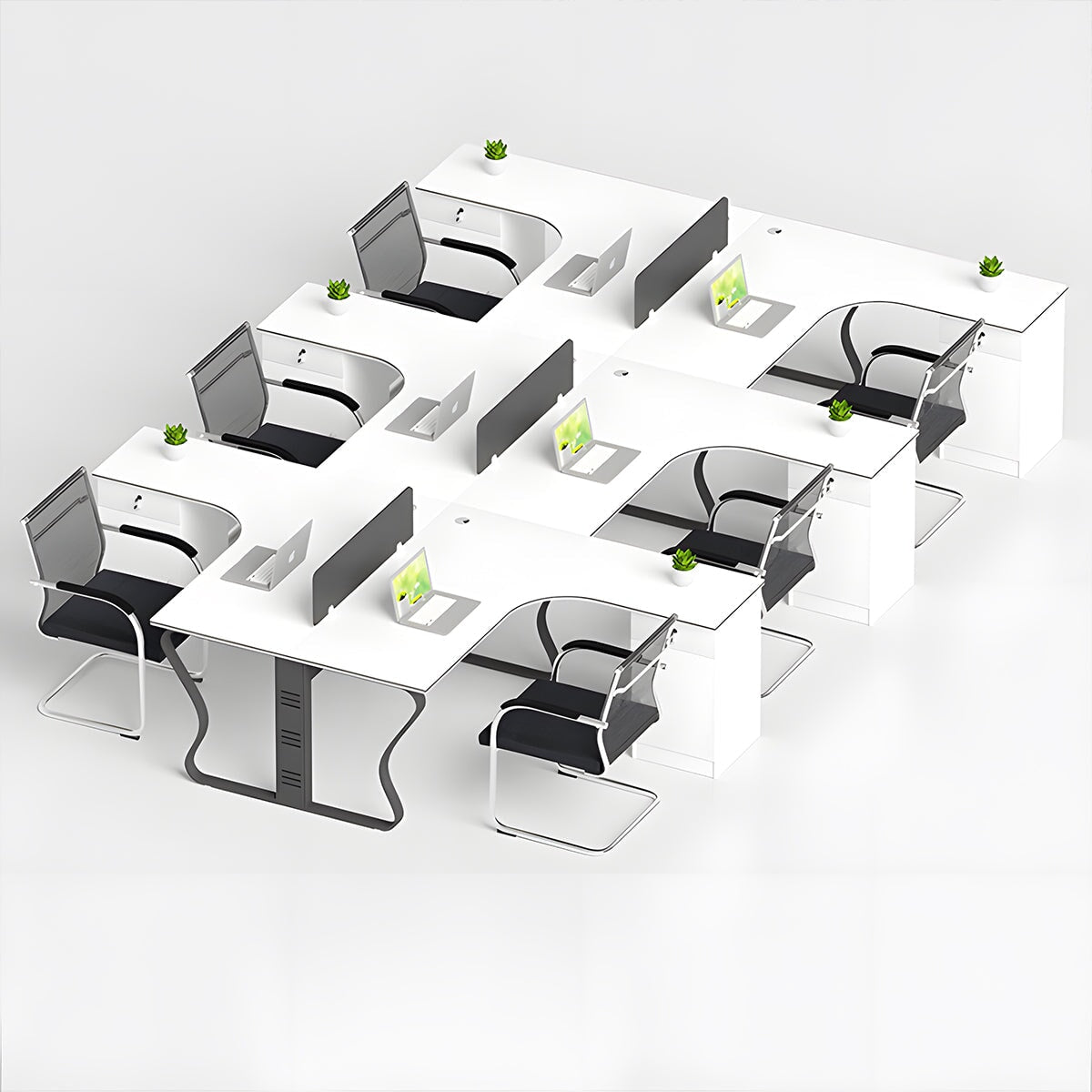 L-shaped desk for office, simple and modern, suitable for multiple people, steel legs, L-shaped legs, side cabinet, lock, cylinder lock, wiring duct, baked finish, white, customizable, OD-A2
