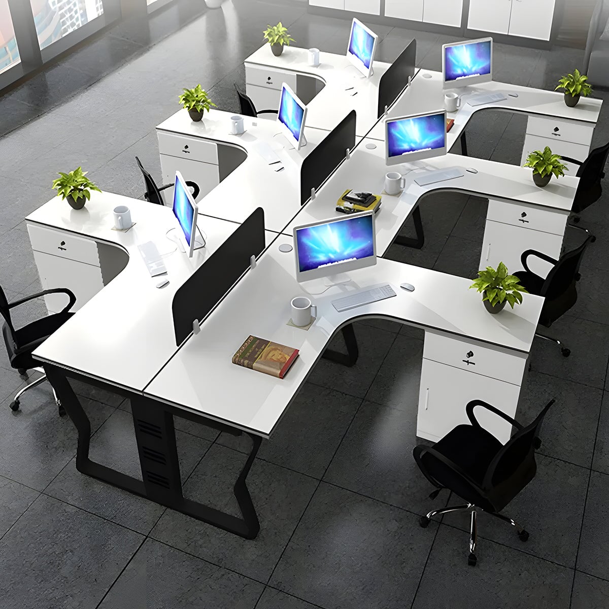 L-shaped desk for office, simple and modern, suitable for multiple people, steel legs, L-shaped legs, side cabinet, lock, cylinder lock, wiring duct, baked finish, white, customizable, OD-A2