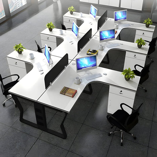 L-shaped desk for office, simple and modern, suitable for multiple people, steel legs, L-shaped legs, side cabinet, lock, cylinder lock, wiring duct, baked finish, white, customizable, OD-A2