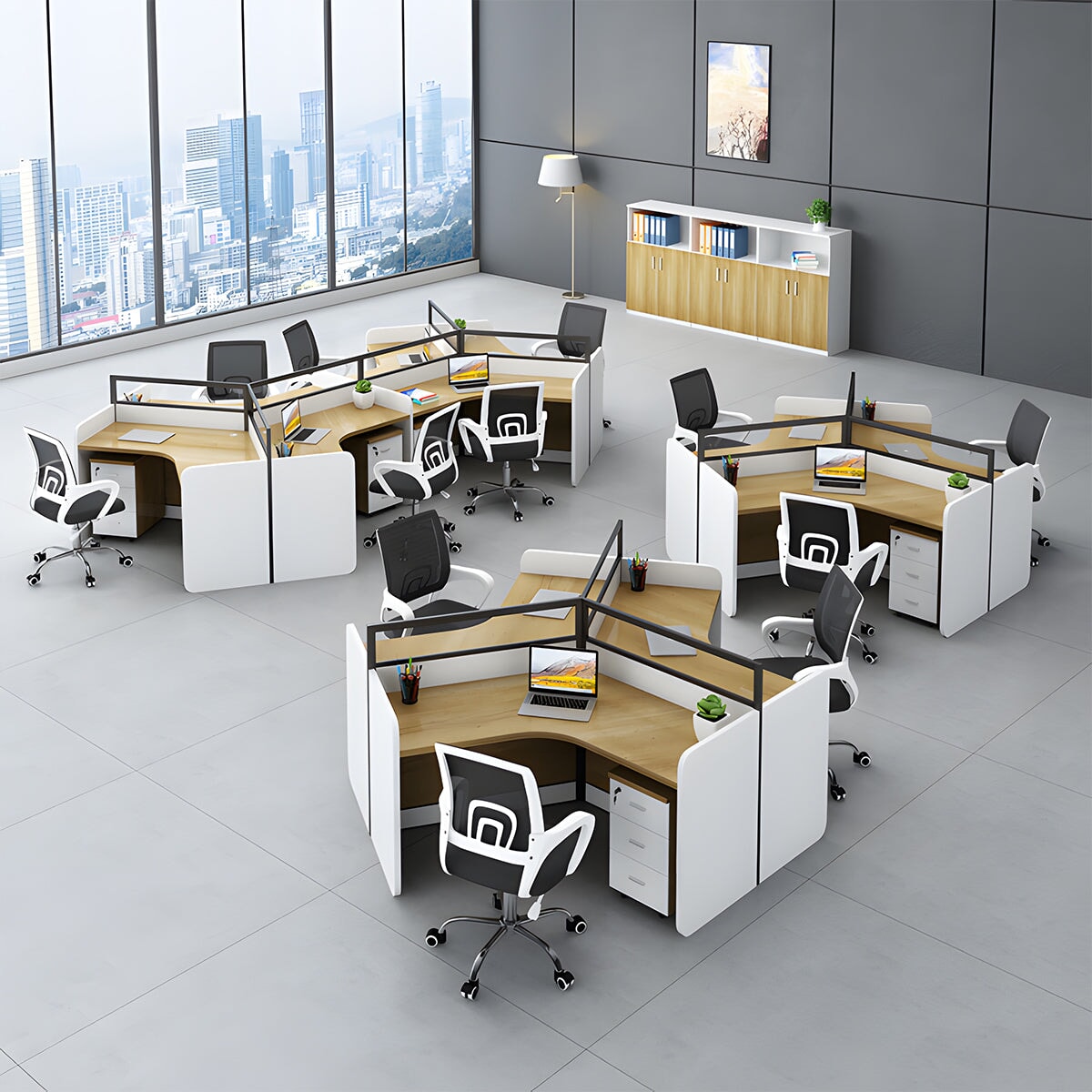 Stylish office desk, suitable for multiple people, V-shaped top, with partition, melamine laminate, aluminum alloy frame, wiring hole, maple white, customizable OD-A3