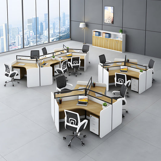 Stylish office desk, suitable for multiple people, V-shaped top, with partition, melamine laminate, aluminum alloy frame, wiring hole, maple white, customizable OD-A3