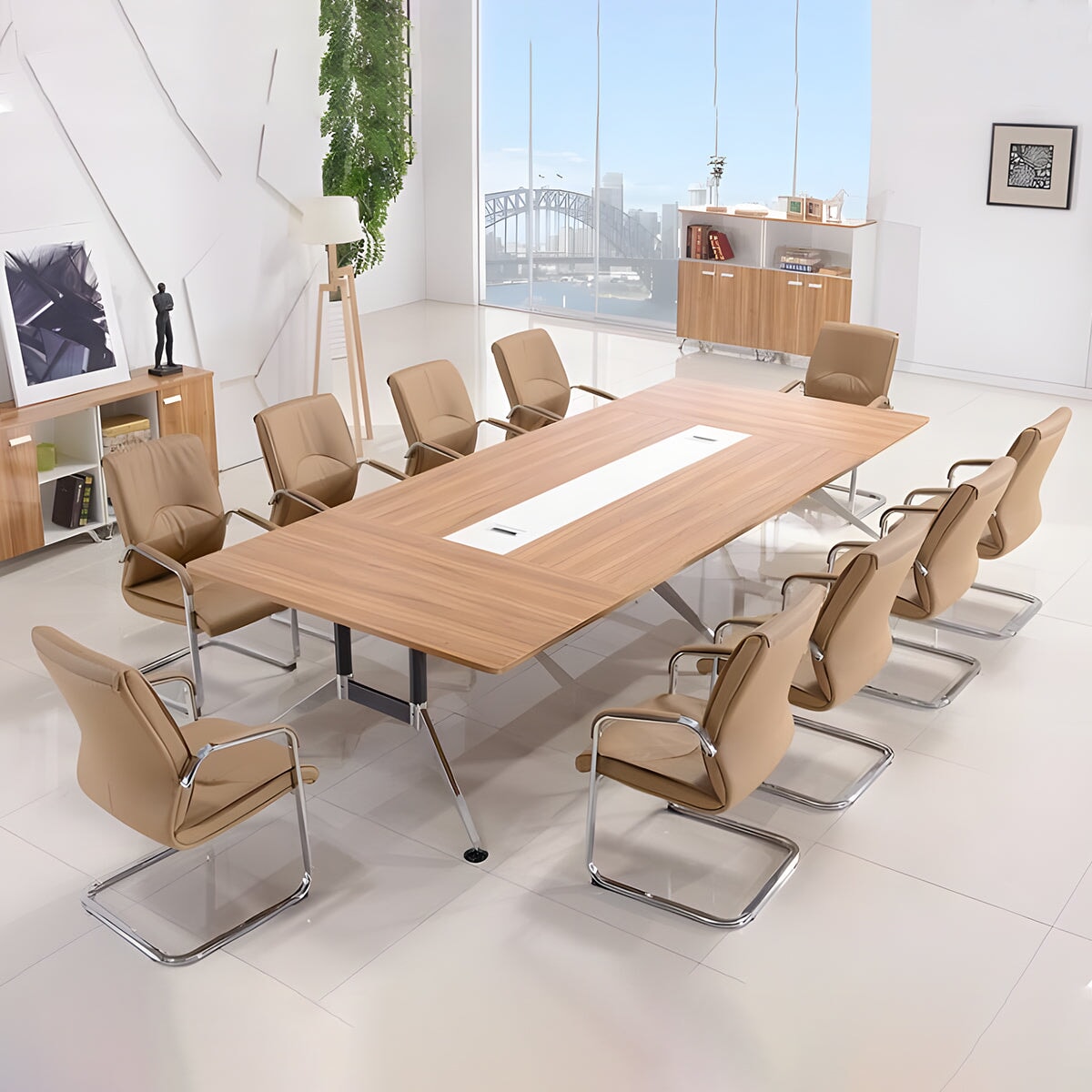 Conference table, meeting table, conference room, rectangular table, high-end, simple and modern, natural taste, can accommodate multiple people, wiring holes, steel frame, plastic parts, melamine laminate, natural, customizable, MT-A1