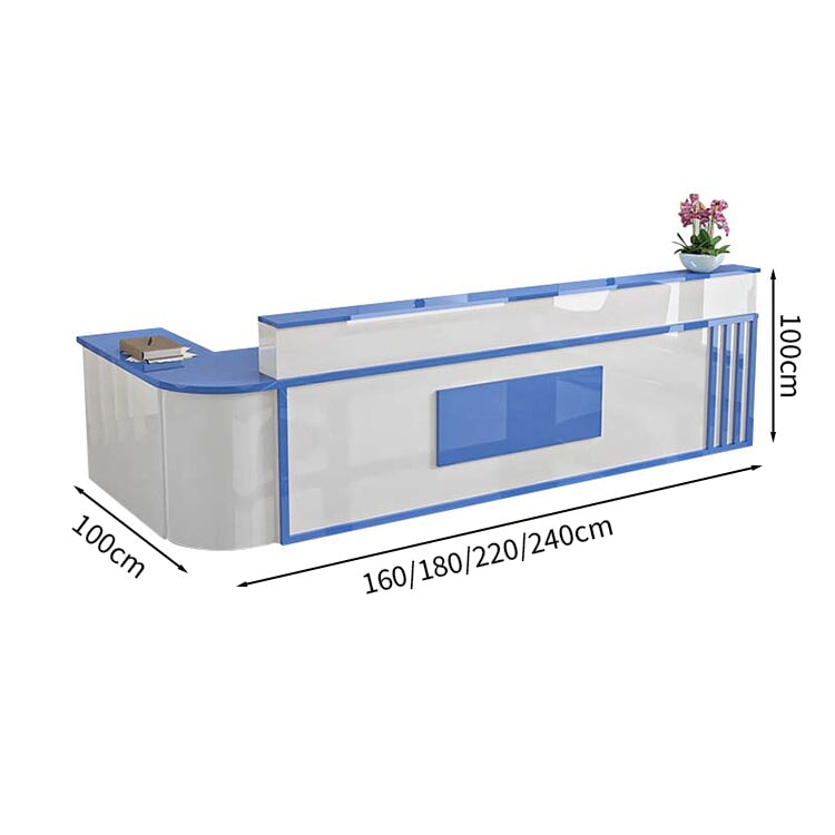 Reception counter L-shaped worktop counter marble pattern with keyboard tray with lock and drawer rounded corners white customizable RD-A48