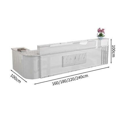 Reception counter L-shaped worktop counter marble pattern with keyboard tray with lock and drawer rounded corners white customizable RD-A48