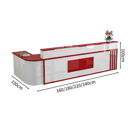 Reception counter L-shaped worktop counter marble pattern with keyboard tray with lock and drawer rounded corners white customizable RD-A48