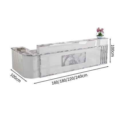 Reception counter L-shaped worktop counter marble pattern with keyboard tray with lock and drawer rounded corners white customizable RD-A48