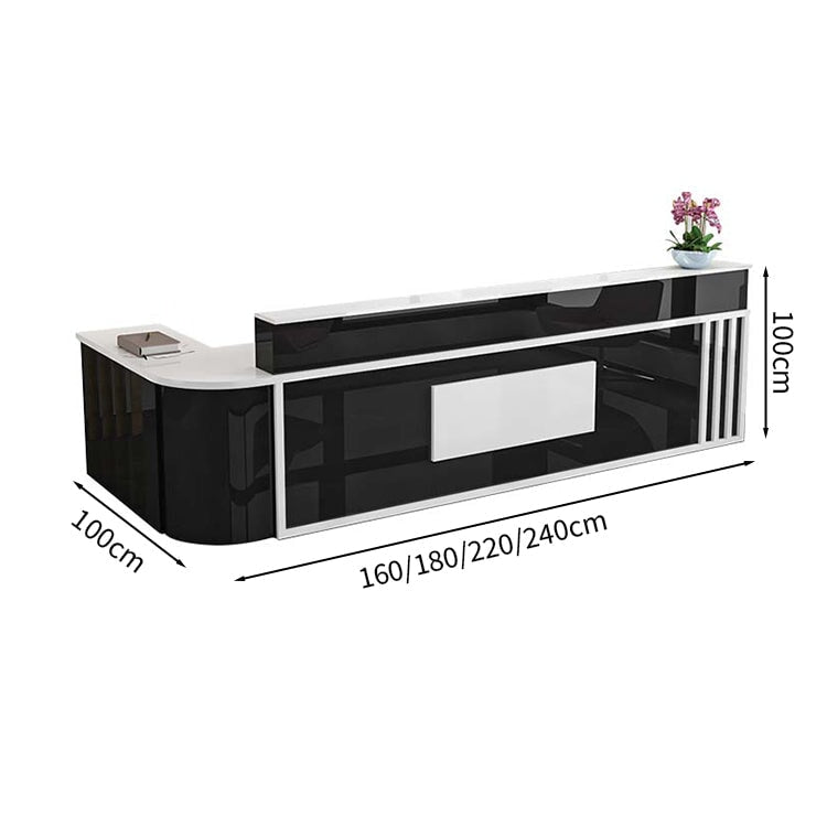 Reception counter L-shaped worktop counter marble pattern with keyboard tray with lock and drawer rounded corners white customizable RD-A48