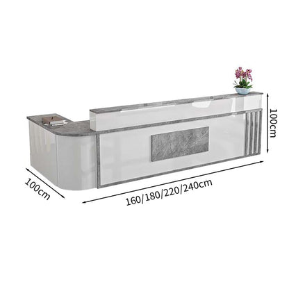 Reception counter L-shaped worktop counter marble pattern with keyboard tray with lock and drawer rounded corners white customizable RD-A48