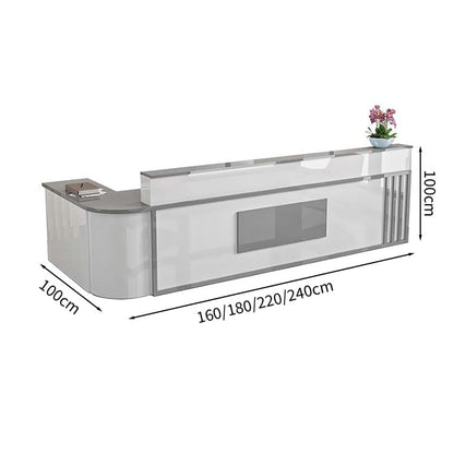 Reception counter L-shaped worktop counter marble pattern with keyboard tray with lock and drawer rounded corners white customizable RD-A48