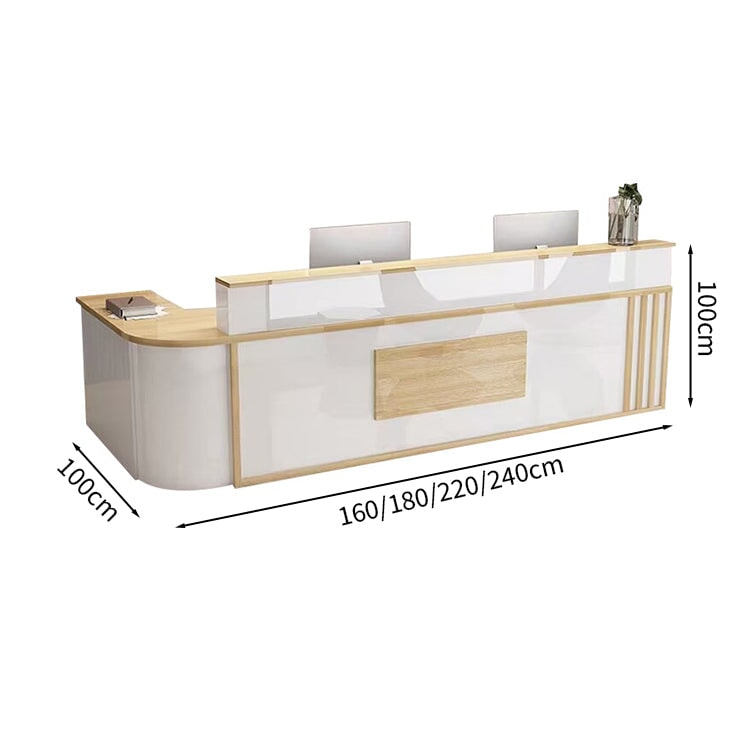 Reception counter L-shaped worktop counter marble pattern with keyboard tray with lock and drawer rounded corners white customizable RD-A48