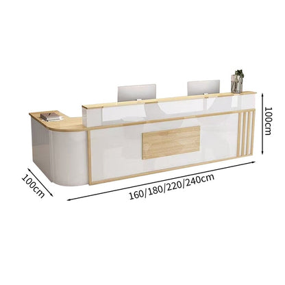 Reception counter L-shaped worktop counter marble pattern with keyboard tray with lock and drawer rounded corners white customizable RD-A48