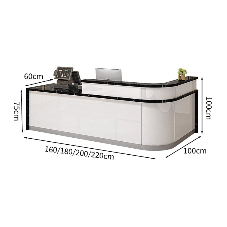 Reception counter, high counter, stone finish, cylinder lock, with drawer, with keyboard tray, R finish, white, customizable, JDT-M-139 