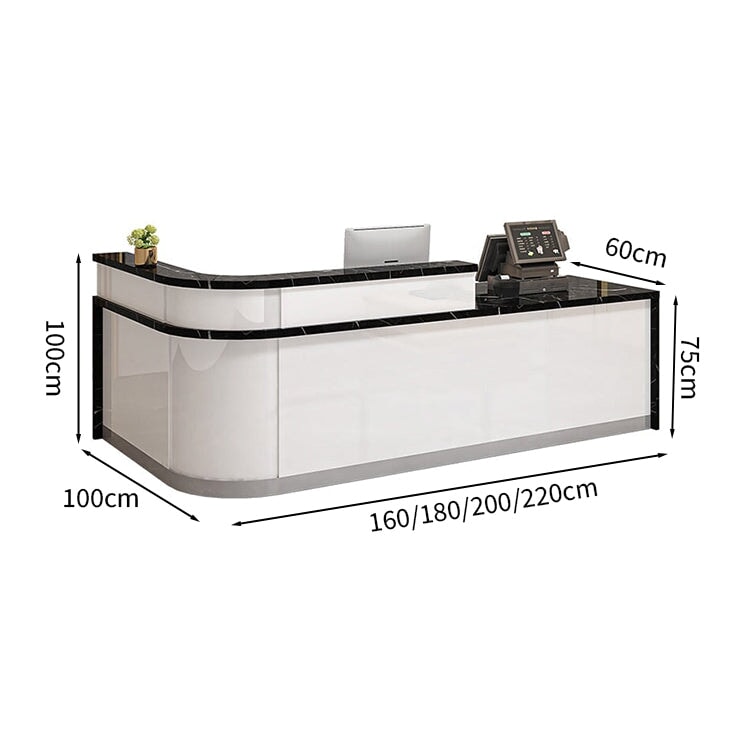 Reception counter, high counter, stone finish, cylinder lock, with drawer, with keyboard tray, R finish, white, customizable, JDT-M-139 