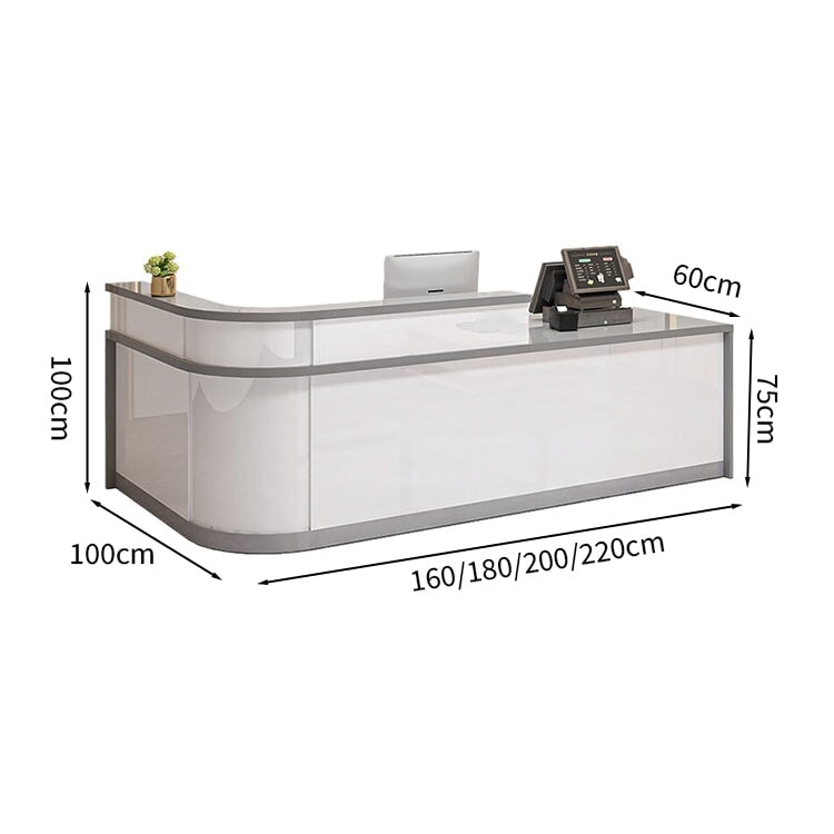 Reception counter, high counter, stone finish, cylinder lock, with drawer, with keyboard tray, R finish, white, customizable, JDT-M-139 