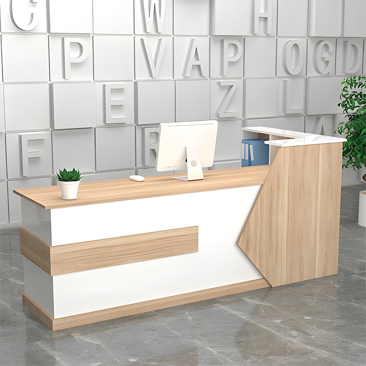 Customer service counter table, reception desk, cash register, natural taste, two-tone design, corner cabinet, melamine laminate, cylinder lock, lock included, white, customizable, RD-A5