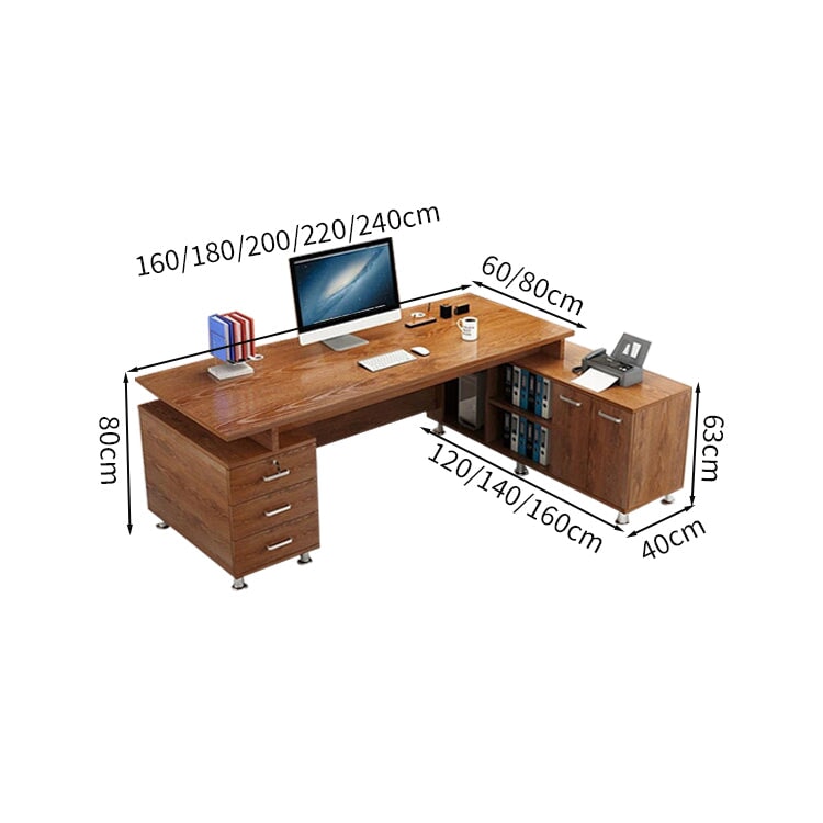 Work Desk, Office Desk, Executive Desk, L-Shaped Desk, Wood Grain, Large Capacity Storage, Cabinet Included, Skirt Panel Included, Lock Included, Black, Customizable ED-A5 