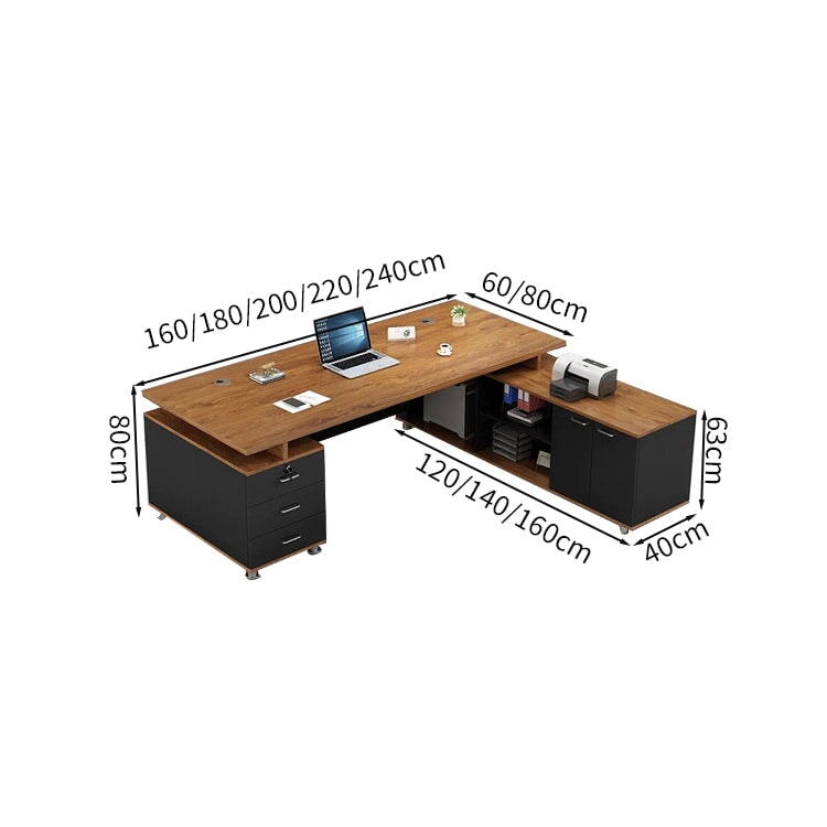 Work Desk, Office Desk, Executive Desk, L-Shaped Desk, Wood Grain, Large Capacity Storage, Cabinet Included, Skirt Panel Included, Lock Included, Black, Customizable ED-A5 