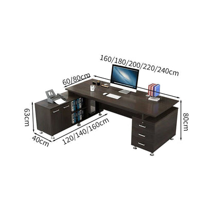 Work Desk, Office Desk, Executive Desk, L-Shaped Desk, Wood Grain, Large Capacity Storage, Cabinet Included, Skirt Panel Included, Lock Included, Black, Customizable LBZ-M-082 