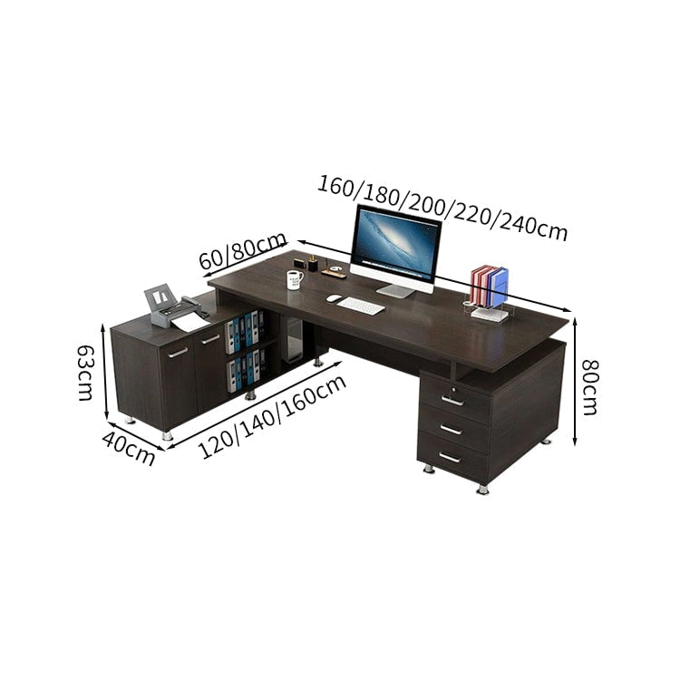 Work Desk, Office Desk, Executive Desk, L-Shaped Desk, Wood Grain, Large Capacity Storage, Cabinet Included, Skirt Panel Included, Lock Included, Black, Customizable ED-A5 