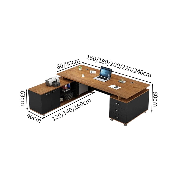 Work Desk, Office Desk, Executive Desk, L-Shaped Desk, Wood Grain, Large Capacity Storage, Cabinet Included, Skirt Panel Included, Lock Included, Black, Customizable ED-A5 