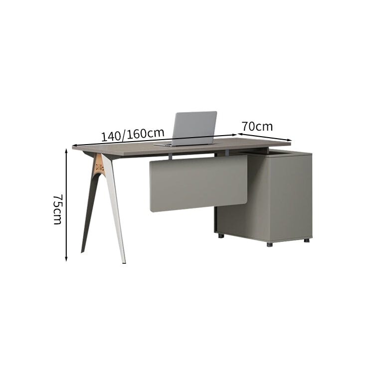 Office Table, Office Desk, Executive Desk, President Desk, Steel Legs, V-Shaped Structure, Skirting Board, Side Cabinet, Melamine Laminated Board, Multi-Purpose Tabletop Outlet, Gray, Customizable, LBZ-M038 