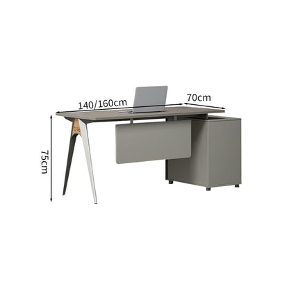 Office Table, Office Desk, Executive Desk, President Desk, Steel Legs, V-Shaped Structure, Skirting Board, Side Cabinet, Melamine Laminated Board, Multi-Purpose Tabletop Outlet, Gray, Customizable, LBZ-M038 