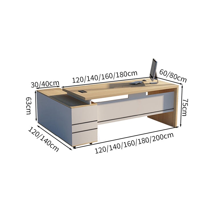 Executive Desk, Executive Table, Office Desk, President's Desk, Side Cabinet, Drawer, Wiring Box, Comfortable, Natural, Walnut, ED-A7 