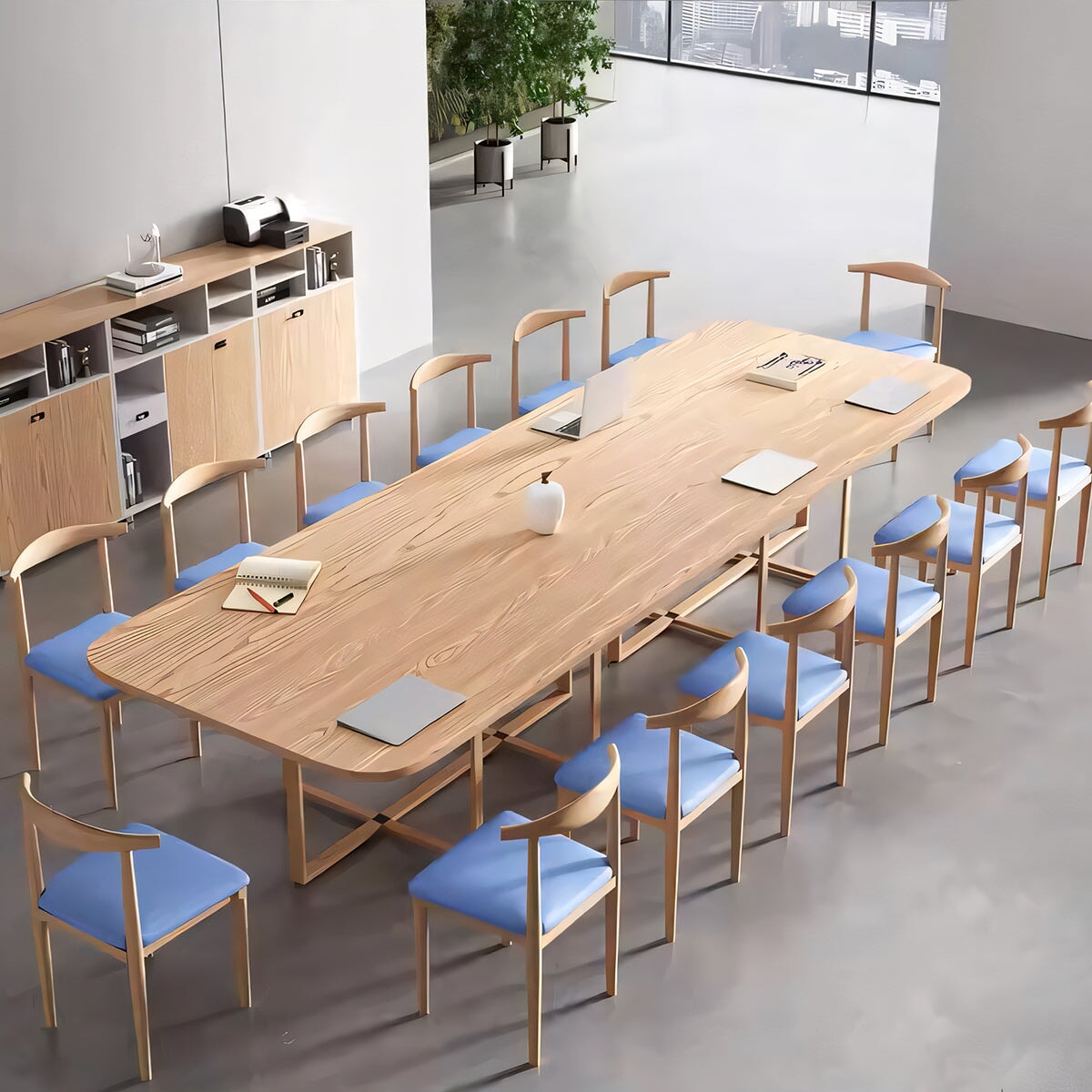 Conference table, meeting table, natural taste, veneer top, workspace, eco-friendly material, HDF, PVC leather fabric, white, customizable, MT-A35 